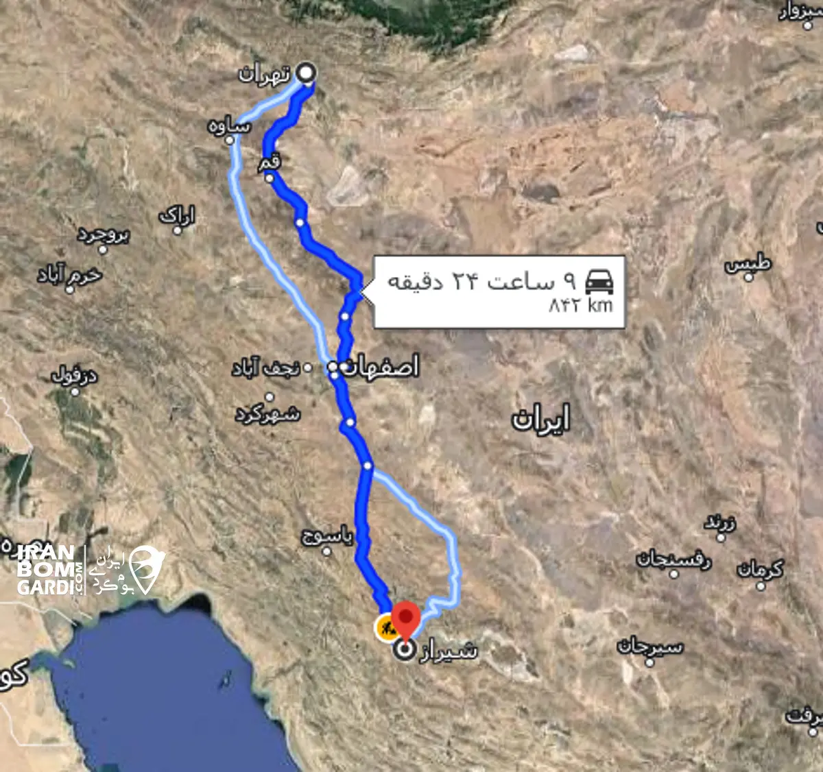 مسیر دسترسی از تهران به شیراز