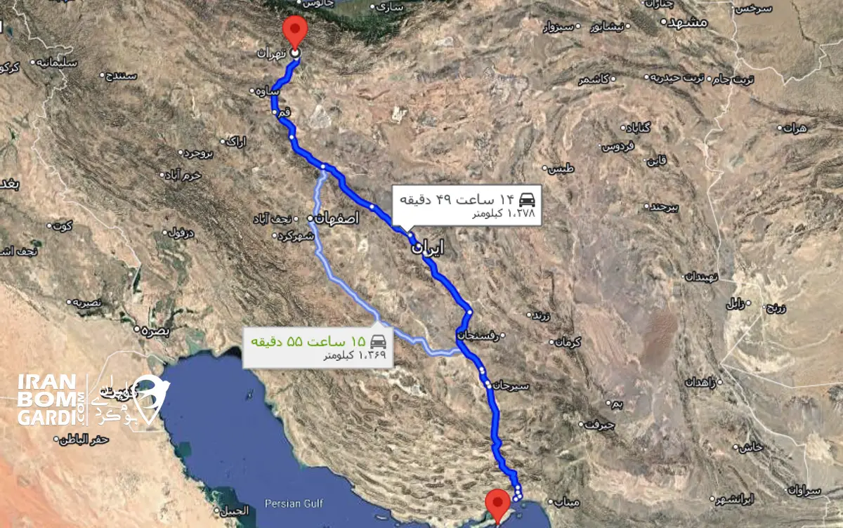 مسیر دسترسی از تهران به بندرعباس